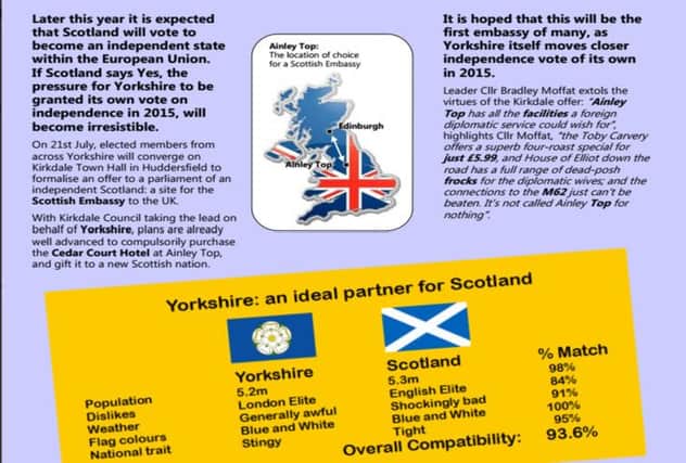 The spoof pamphlet has a compatibility test between Yorkshire and Scotland. Picture: Submitted