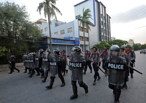Myanmar police force are deployed on the streets of Mandalay in central Myanmar. Picture: Getty