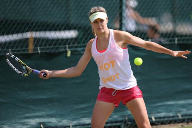 Eugenie Bouchard hits a shot during a practice session. Picture: AFP/Getty