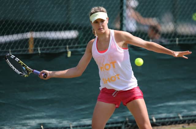 Eugenie Bouchard hits a shot during a practice session. Picture: AFP/Getty