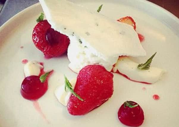 Hibiscus-poached Scottish strawberries, Italian meringue, sweet cicely. Picture: Contributed
