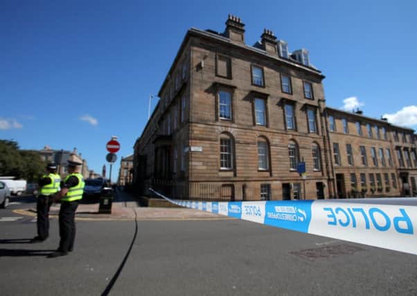 Police at the scene where a man fell from a penthouse suite in the Blythswood Hotel in Glasgow onto the pavement below. Picture: Hemedia