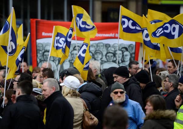 Members of the PCS Union hold a demonstration in Glasgow  last year over pay, pensions and conditions. Picture: hemedia