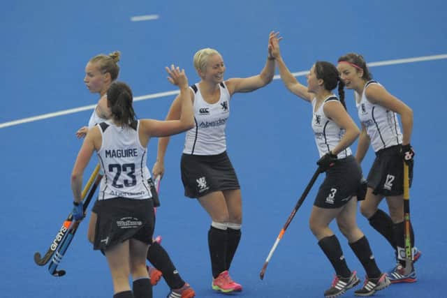 Nikki Lloyd celebrates scoring Scotlands second goal in the 5-0 win against Wales in the Investec Cup match in London. Picture: PA