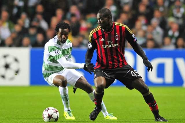 Mario Balotelli takes on Efe Ambrose of Celtic in the Champions League. Picture: Robert Perry