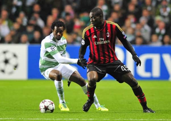 Mario Balotelli takes on Efe Ambrose of Celtic in the Champions League. Picture: Robert Perry