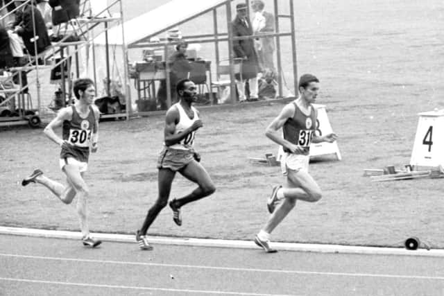 the 5000m metres race unfolds, with Stewart leading, Kip Keino second and McCafferty third. Picture: Contributed