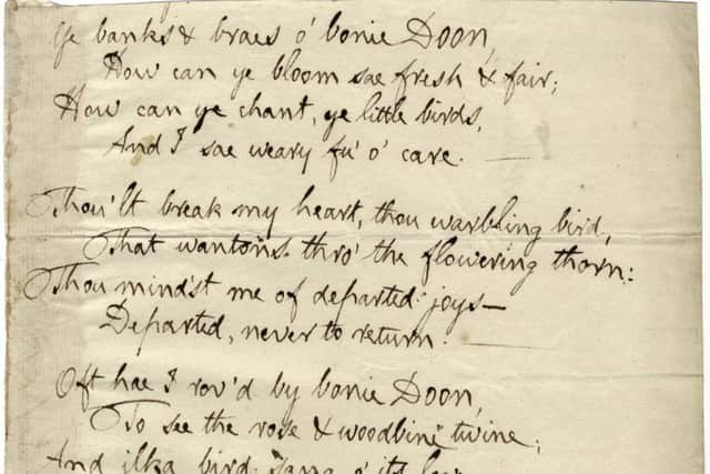 The lyrics of Ye Banks and Braes OBonnie Doon on Burns handwritten manuscript from 1792. Picture: Saltire news
