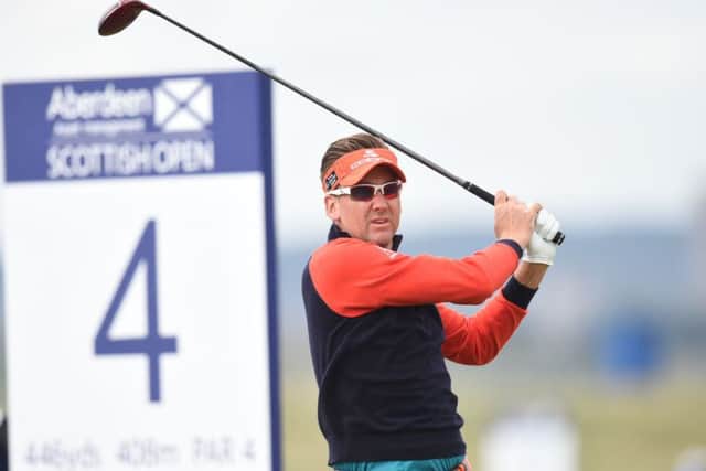 Colourful English star Ian Poulter tees off at the 4th. Picture: SNS