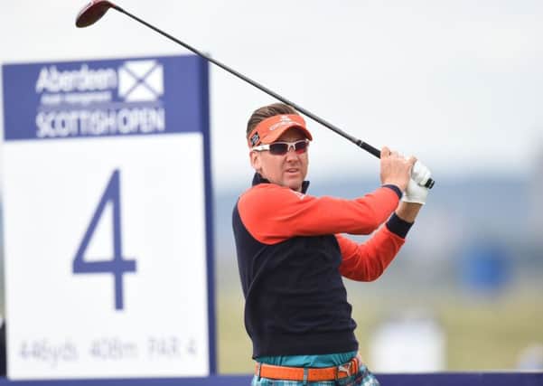 Colourful English star Ian Poulter tees off at the 4th. Picture: SNS