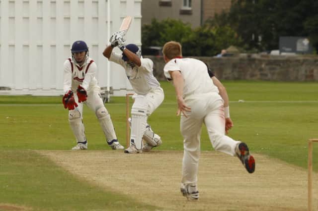 Arun Pillai of Grange elects to leave a ball from Watsonians Pete Legget at Myreside. Picture: Scott Louden