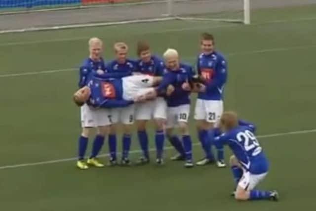 Catching a fish: One of the many celebrations which made Stjarnan internet stars. Picture: Contributed