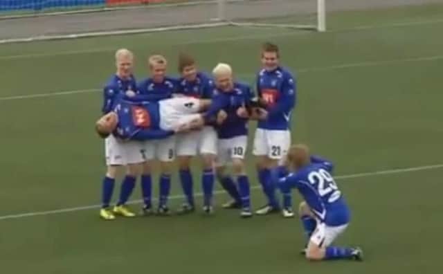 Catching a fish: One of the many celebrations which made Stjarnan internet stars. Picture: Contributed