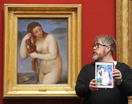 Phill Jupitus holding his iPad artwork sketch of Venus Anadyomene. Picture: Phil Wilkinson,