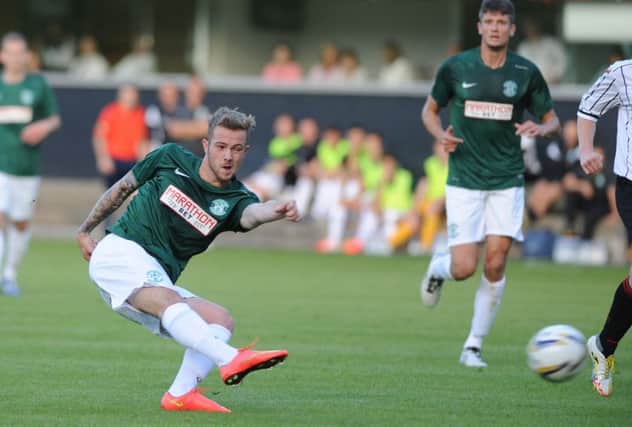 Hibs' Danny Handling shoots at goal in the first half of a pre-season friendly. Picture: Neil Hanna