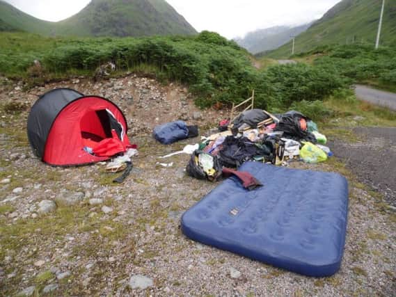 Rubbish and abandoned belongings litter a site at Glen Etive. Picture: Contributed