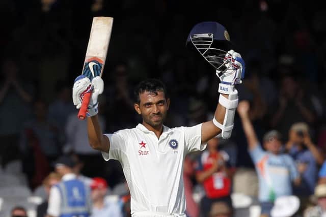 Indias Ajinkya Rahane acknowledges the crowd at Lords after reaching his century. Picture: AFP/Getty