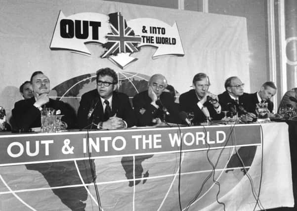 Enoch Powell, left, at a 1975 conference to campaign against UK entry into the common market. Picture: Getty