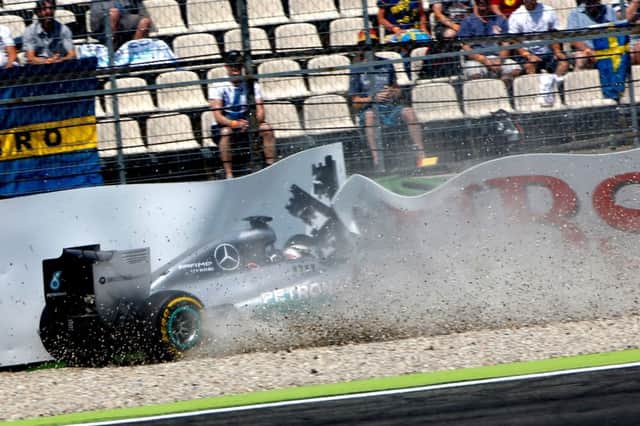 Lewis Hamilton of Great Britain and Mercedes GP crashes during qualifying ahead of the German Grand Prix. Picture: Getty