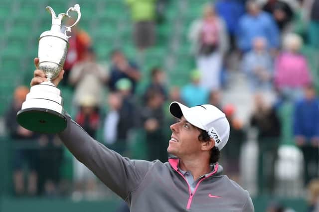 Rory McIlroy holds up the Claret Jug at Royal Liverpool. Picture: Getty