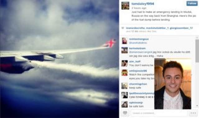 Diver Tom Daley, inset, posted a picture on his Instagram account of the plane dumping fuel. Picture: Contributed