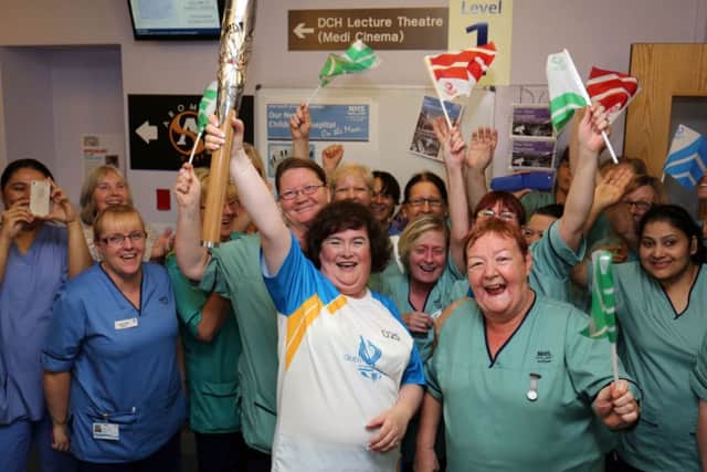 Susan Boyle visits nurses at Yorkhill Hospital with the Queen's Baton. Picture: PA