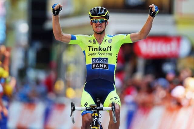 Michael Rogers of Australia celebrates winning yesterdays mountain stage in the Pyrenees. Picture: Getty