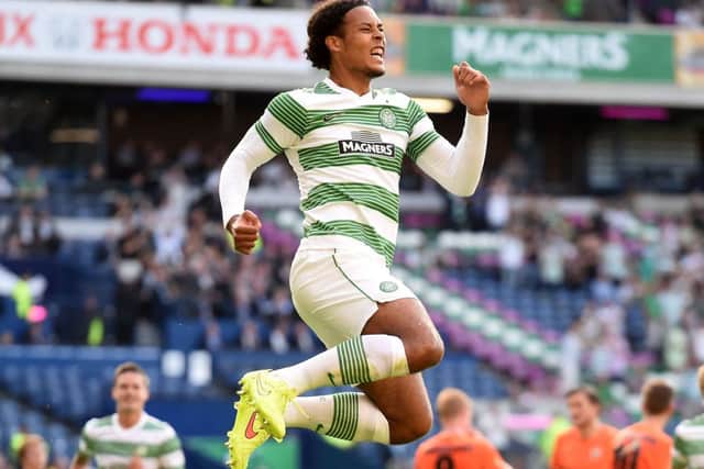 Celtics Dutch defender Virgil van Dijk leaps to celebrate his opening goal against KR Reykjavik. Picture: SNS