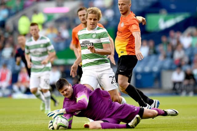 Two-goal hero Teemu Pukki is foiled by Reykjavik keeper Stefan Magnusson. Picture: SNS