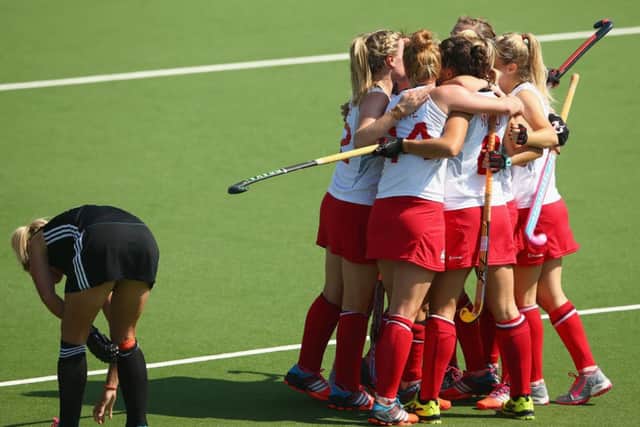 The England team celebrate with Alex Danson of England after she scored during the  preliminary match between England and Wales. Picture: Getty