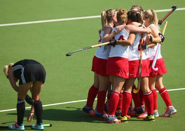 The England team celebrate with Alex Danson of England after she scored during the  preliminary match between England and Wales. Picture: Getty
