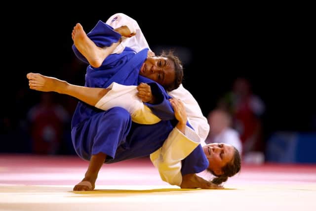 Kimberley Renicks of Scotland beats Marcelle Monabang of Cameroon (blue) in the Women's 48kg Judo Quarter Finals. Picture: Getty