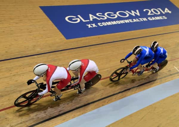 England's Sophie Thornhill and Helen Scott race ahead of Scotland's Louise Haston and Aileen McGlynn. Picture: Getty