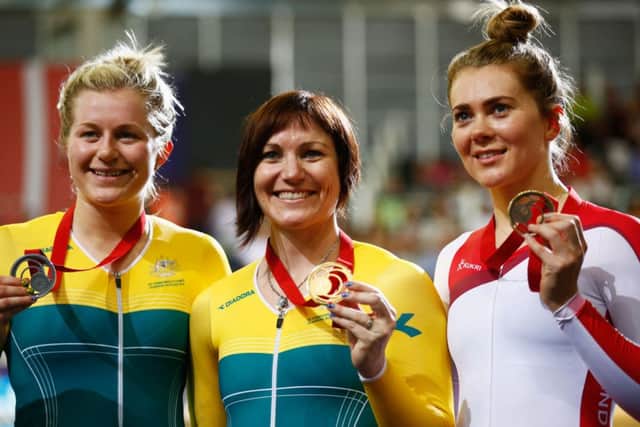 Silver medalist Stephanie Morton of Australia, gold medalist Anna Meares of Australia and bronze medalist Jess Varnish. Picture: Getty