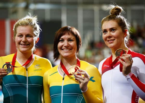 Silver medalist Stephanie Morton of Australia, gold medalist Anna Meares of Australia and bronze medalist Jess Varnish. Picture: Getty