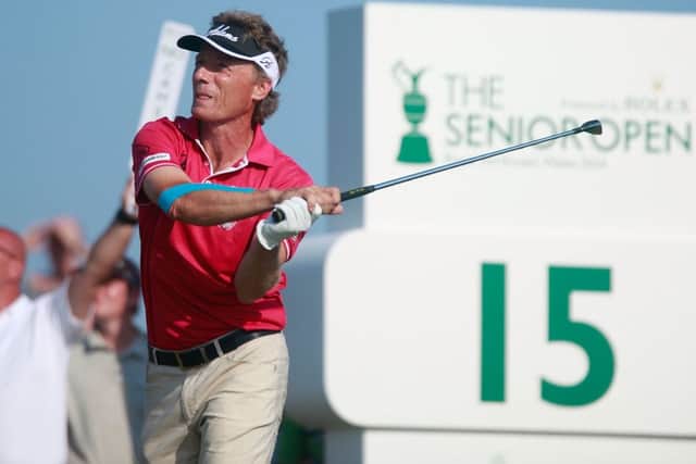 Firstround leader Bernhard Langer tees off at the 15th at Royal Porthcawl. Picture: Phil Inglis/Getty