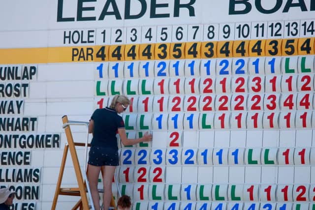 The main scoreboard on the 18th green during the first round of The Senior Open. Picture: Getty