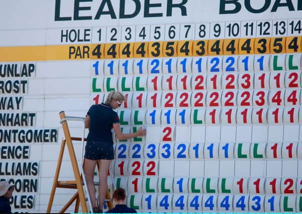The main scoreboard on the 18th green during the first round of The Senior Open. Picture: Getty