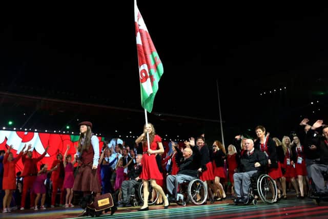Flag bearer and Rhythmic Gymnast Frankie Jones of Wales. Picture: Getty