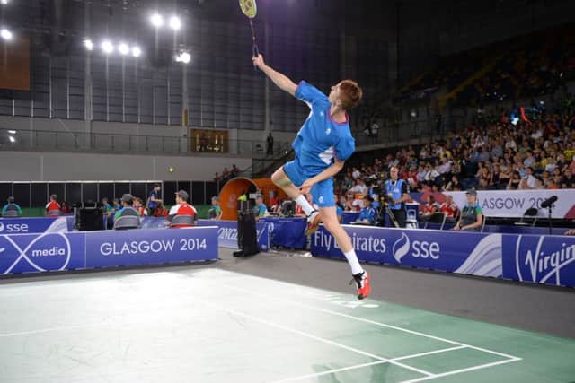 Scotland's Kieran Merrilees in action in the badmintom team event. Picture: Lorraine Hill