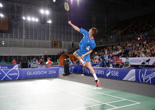 Scotland's Kieran Merrilees in action in the badmintom team event. Picture: Lorraine Hill