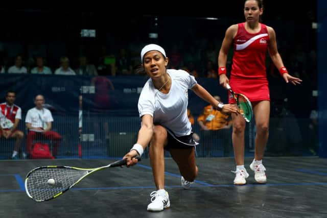 Nicol David of Malaysia and Jenny Duncalf of England in action during the quarter finals of the Women's Squash at Scotstoun Sports Campus. Picture: Getty
