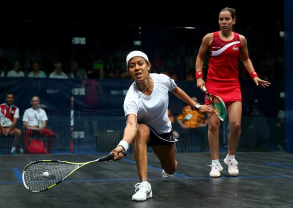 Nicol David of Malaysia and Jenny Duncalf of England in action during the quarter finals of the Women's Squash at Scotstoun Sports Campus. Picture: Getty
