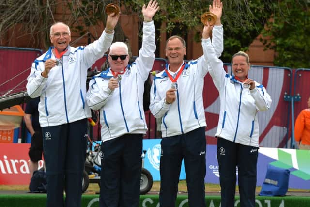 Silver medal winners Ron McArthur, Robert Conway (skip), David Thomas, and Irene Edgar (Lead) in the Para-Sport Mixed Pairs B2/B3. Picture: Lorraine Hill