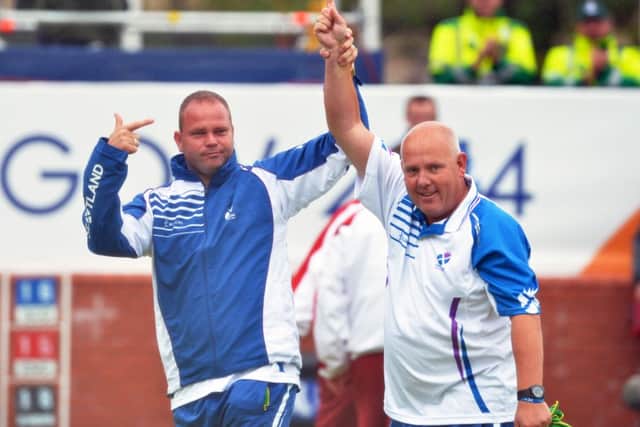 Paul Foster acknowledges skipper Alex 'Tattie' Marshall who delivered the winning shot against England. Picture: Lorraine Hill