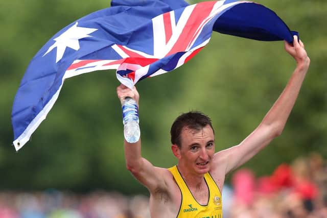 Michael Shelley of Australia celebrates after winning the men's marathon in the Commonwealth Games. Picture: Getty