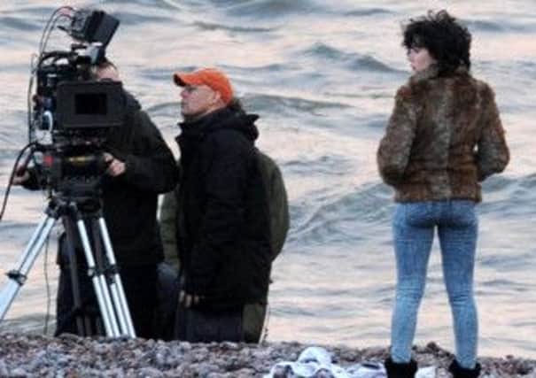 Scarlett Johansson pictured filming scenes on the beach on Auchmithie near Dundee, Angus for Under The Skin. Picture: Hemedia