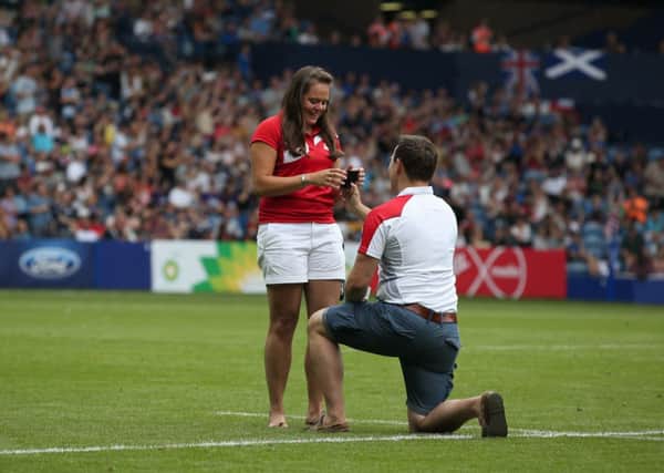 James Collette proposes to his girlfriend during day one of the Rugby Sevens tournament at Ibrox Stadium. Picture: Getty