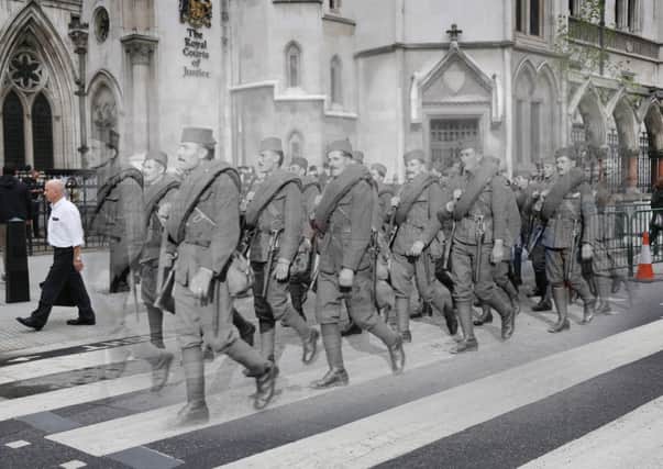 This digital composite shows Serbian soldiers marching in the Lord Mayor's show in 1918, in the last days of World War I. Picture: Getty