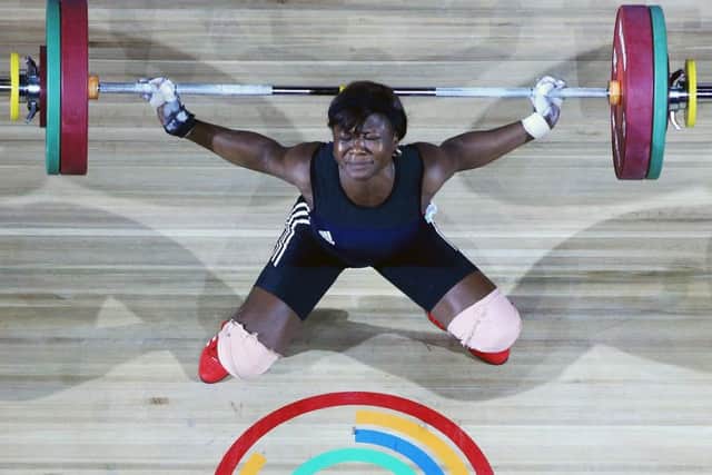 Itohan Ebireguesele of Nigeria strains every sinew on her way to the silver medal. Picture: Getty